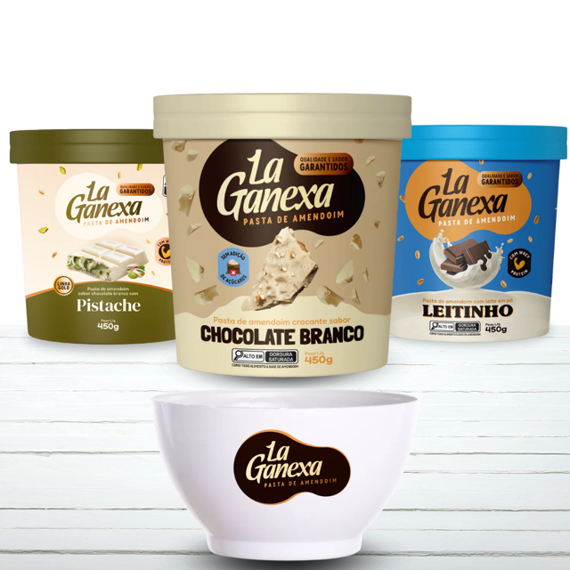 COMBO PASTA DE AMENDOIM LA GANEXA CHOCOLATE BRANCO/PISTACHE/LEITNHO + BOOL EXCUSIVO DE BRINDE