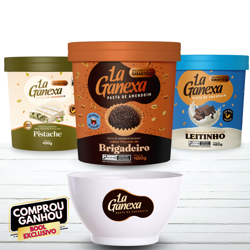COMBO PASTA DE AMENDOIM LA GANEXA MOUSSE DE BRIGADEIRO/PISTACHE/LEITNHO + BOOL EXCUSIVO DE BRINDE