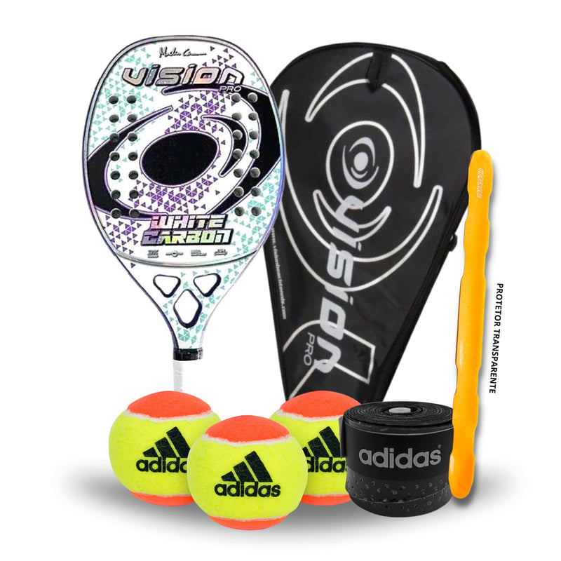 Raquete Beach Tennis Vision White Carbon Pro 2024 + KIT